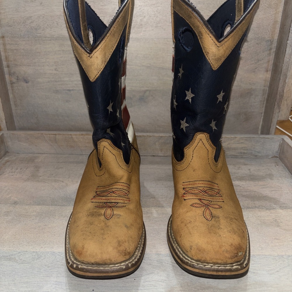 Smoky Mountain Western Leather Flag Boots 3.5 R Unisex Kids Mid-Calf Square Toe